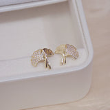 14k Ginkgo Biloba CZ Crystal Stud Earrings Wedding Jewelry Accessorie
