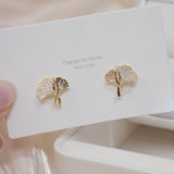 14k Ginkgo Biloba CZ Crystal Stud Earrings Wedding Jewelry Accessorie