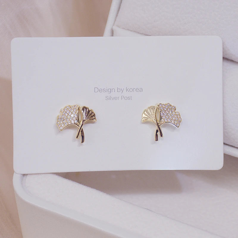 14k Ginkgo Biloba CZ Crystal Stud Earrings Wedding Jewelry Accessorie