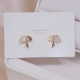 14k Ginkgo Biloba CZ Crystal Stud Earrings Wedding Jewelry Accessorie