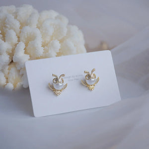 Crystal Pearl Owl Stud Earrings 14k Plated Holiday Party Jewelry