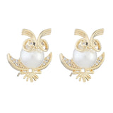 Crystal Pearl Owl Stud Earrings 14k Plated Holiday Party Jewelry