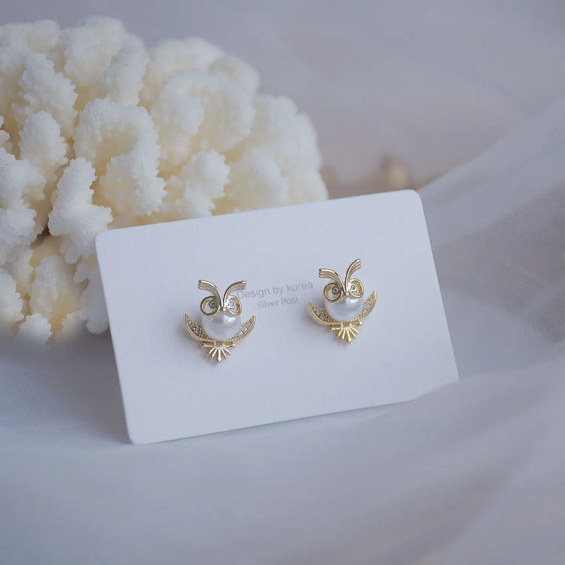 Crystal Pearl Owl Stud Earrings 14k Plated Holiday Party Jewelry