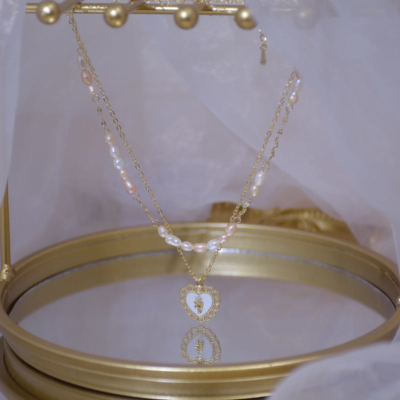 14k Plated Pearl Love Necklace Two-piece Chain Short Necklaces for Women