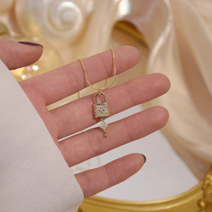 14k Gold Plated Diamond Lock Leaf Clover Key Pendant Necklace