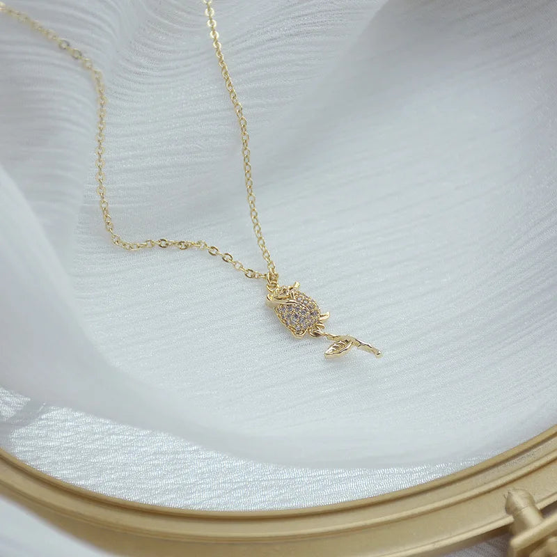 14k Rose Flower Necklace with Micro-inlaid Zircon