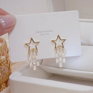 14k Real Shine Tassel Crystal Star Earring Zircon Drop Bohemia Wedding Jewelry