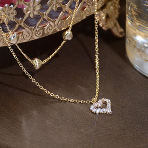 14k Double Layer Tiny Heart Necklace Zircon Clavicle Kolye Colar Pendant