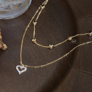 14k Double Layer Tiny Heart Necklace Zircon Clavicle Kolye Colar Pendant