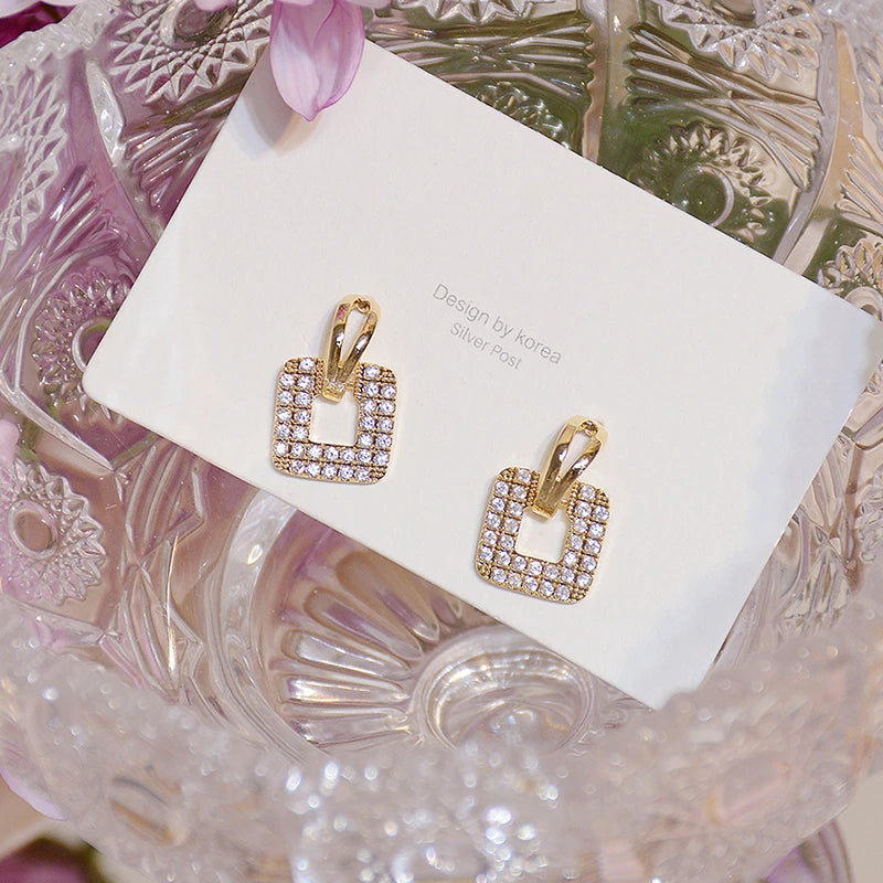 14k Real Square Pave Zircon Earrings for Women