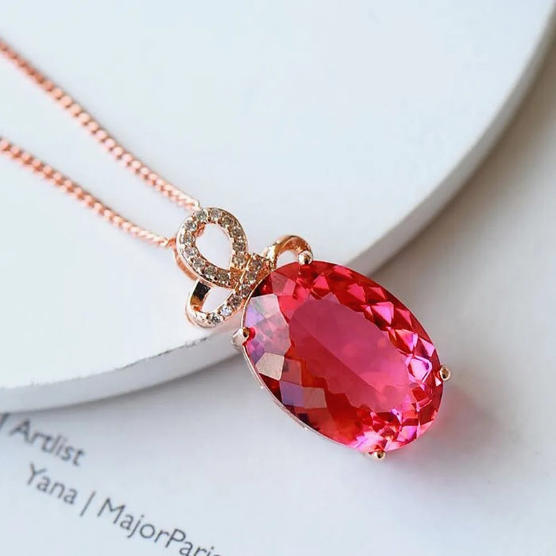 14k Rose Oval Red Crystal Ruby Gemstones Diamonds Pendant Necklaces Women Choker