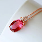 14k Rose Oval Red Crystal Ruby Gemstones Diamonds Pendant Necklaces Women Choker