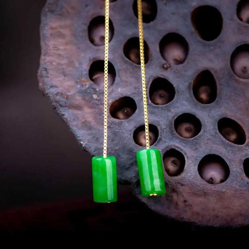 14k Yellow Green Jade Lever back Dangle Earrings Women Lucky Jewelry