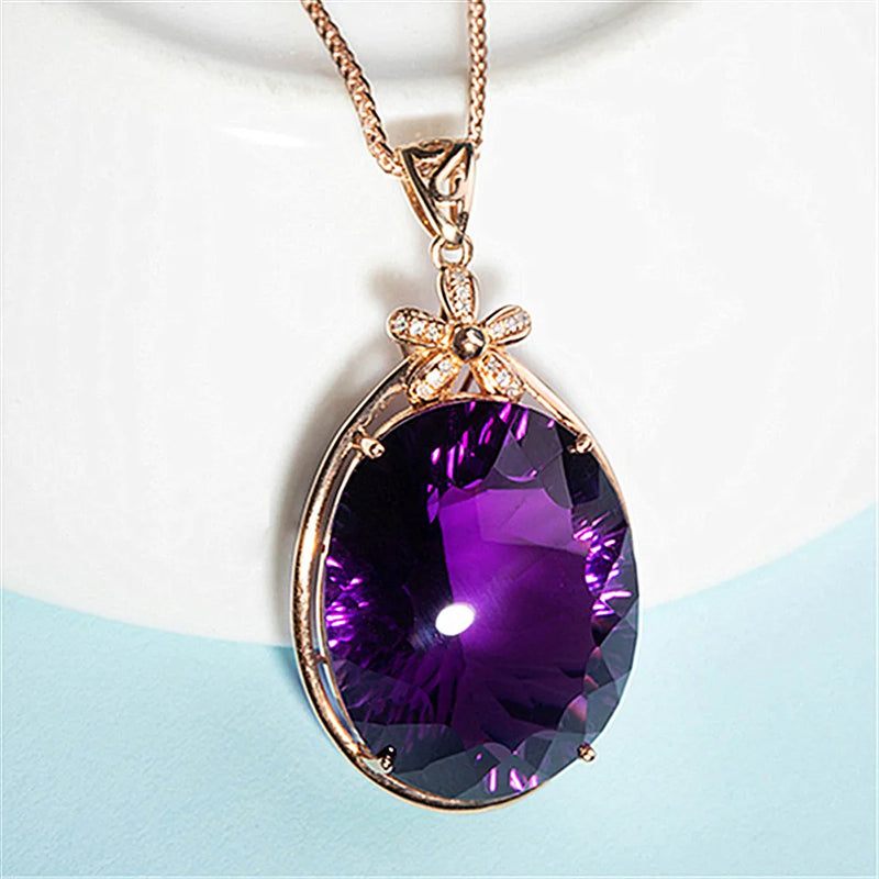 14k Rose Choker Amethyst Gemstone Diamond Pendant Necklace