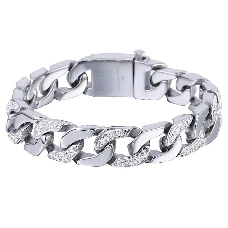 14mm Stainless Steel Cuban Chain Bracelet w Rhinestone Men Women Jewelry