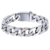 14mm Stainless Steel Cuban Chain Bracelet w Rhinestone Men Women Jewelry