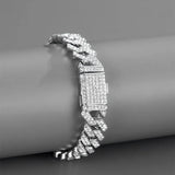 14mm Iced Out Cuban Link Bracelet Silver Rhinestone Chain Jewelry