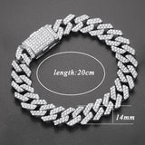 14mm Iced Out Cuban Link Bracelet Silver Rhinestone Chain Jewelry