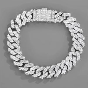 14mm Iced Out Cuban Link Bracelet Silver Rhinestone Chain Jewelry