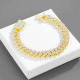 14mm Iced Out Cuban Link Bracelet Silver Rhinestone Chain Jewelry