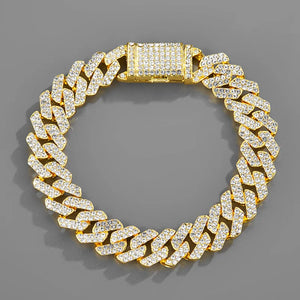 14mm Iced Out Cuban Link Bracelet Silver Rhinestone Chain Jewelry