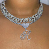 14mm Iced Out A-Z Cursive Initial Letter Pendant Cuban Necklace For Women Men