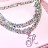 14mm Iced Out A-Z Cursive Initial Letter Pendant Cuban Necklace For Women Men