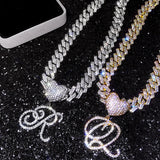 14mm Iced Out A-Z Cursive Initial Letter Pendant Cuban Necklace For Women Men