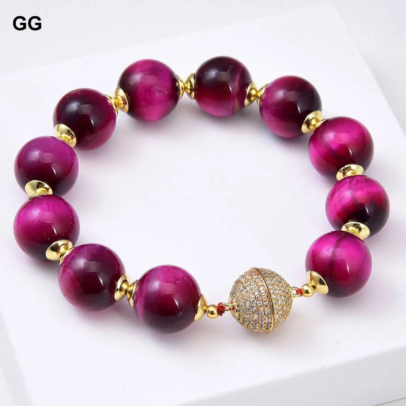 Fuchsia Tiger Eye Bracelet 14mm Round Smooth