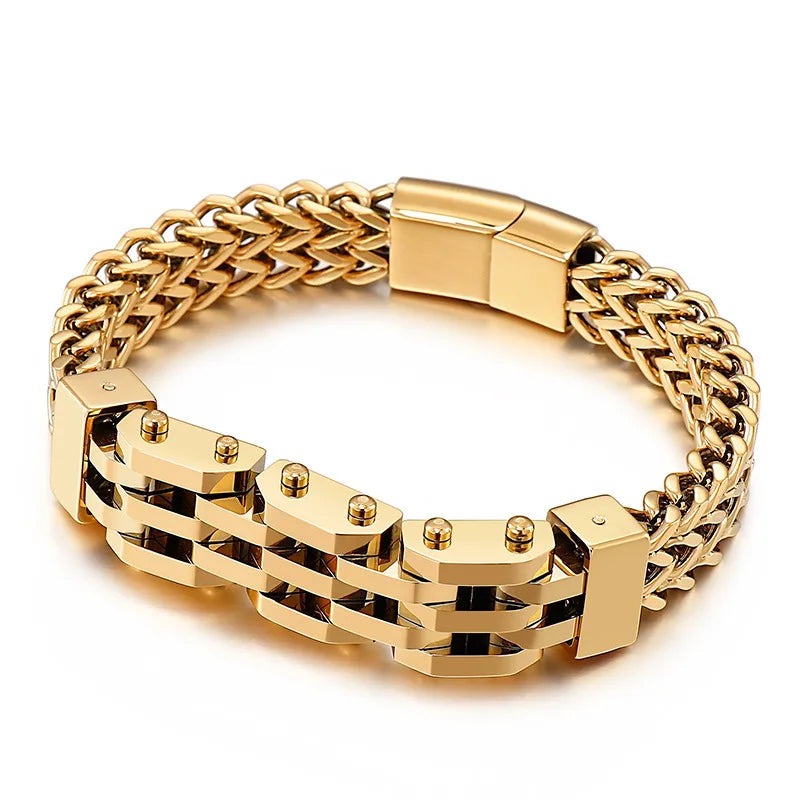 14mm 3-color 2-layer Stainless Steel Chain Bracelet Men's Metal Magnetic Buckle