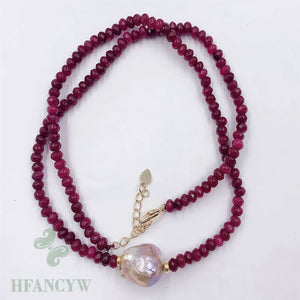 Baroque Pearl Pendant Ruby Necklace 18 Inches