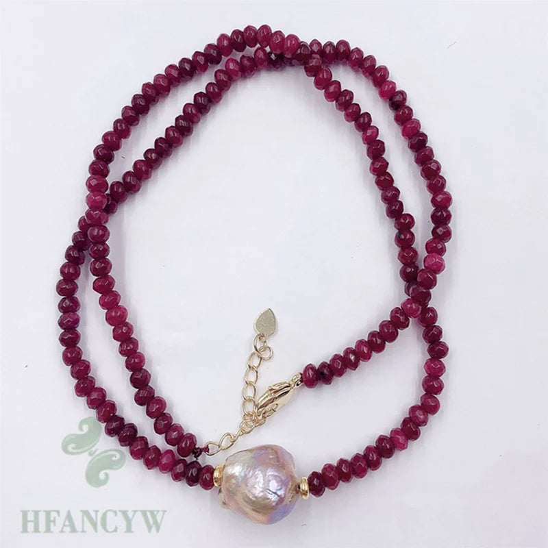 Baroque Pearl Pendant Ruby Necklace 18 Inches