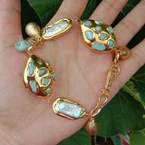 Biwa Pearl and Larimar Beaded Charm Bracelet