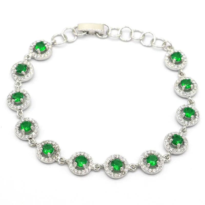 Green Emerald Red Ruby CZ Silver Bracelet Gift 6.0-7.0inch