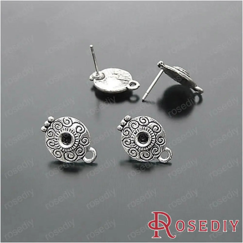 Antique Silver Steel Stud Earrings with Round Flower Diy Findings