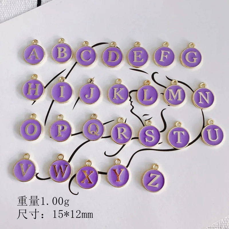 Enamel Alloy Letter Charms Purple Drop Oil Round Initial Alphabet Pendant 50pcs