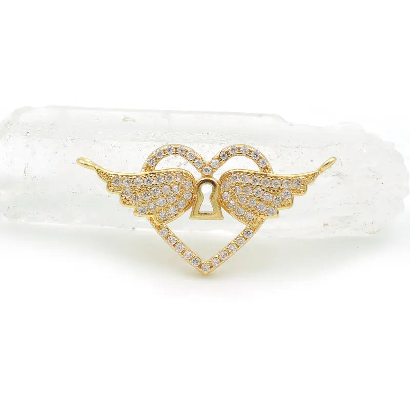 Micro Pave Clear CZ 2 Wings Heart Charm Jewelry Making Necklaces