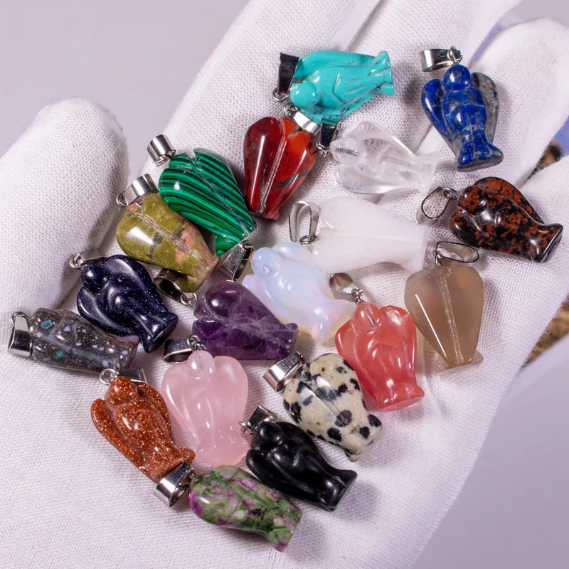 Natural Stone Angel Pendants Rose Quartz Tiger's Eye Charms Pendant