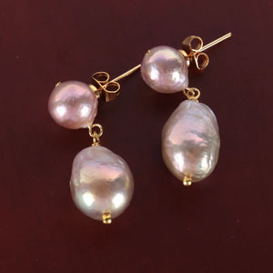 Natural Pink Baroque Pearl Bird Shape Earrings 18k Hook