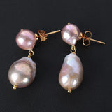 Natural Pink Baroque Pearl Bird Shape Earrings 18k Hook