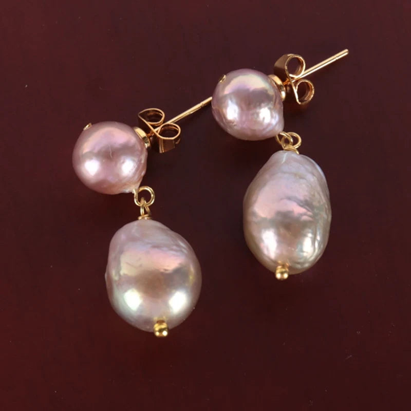 Natural Pink Baroque Pearl Bird Shape Earrings 18k Hook