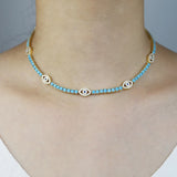 Turquoise Stone Link Chain Bracelet with Evil Eye Charm