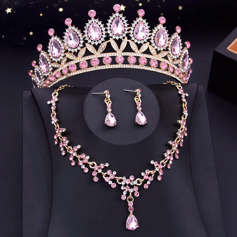 15 Colors Bridal Jewelry Sets for Women Wedding Crown Earrings Tiaras Set Neckla