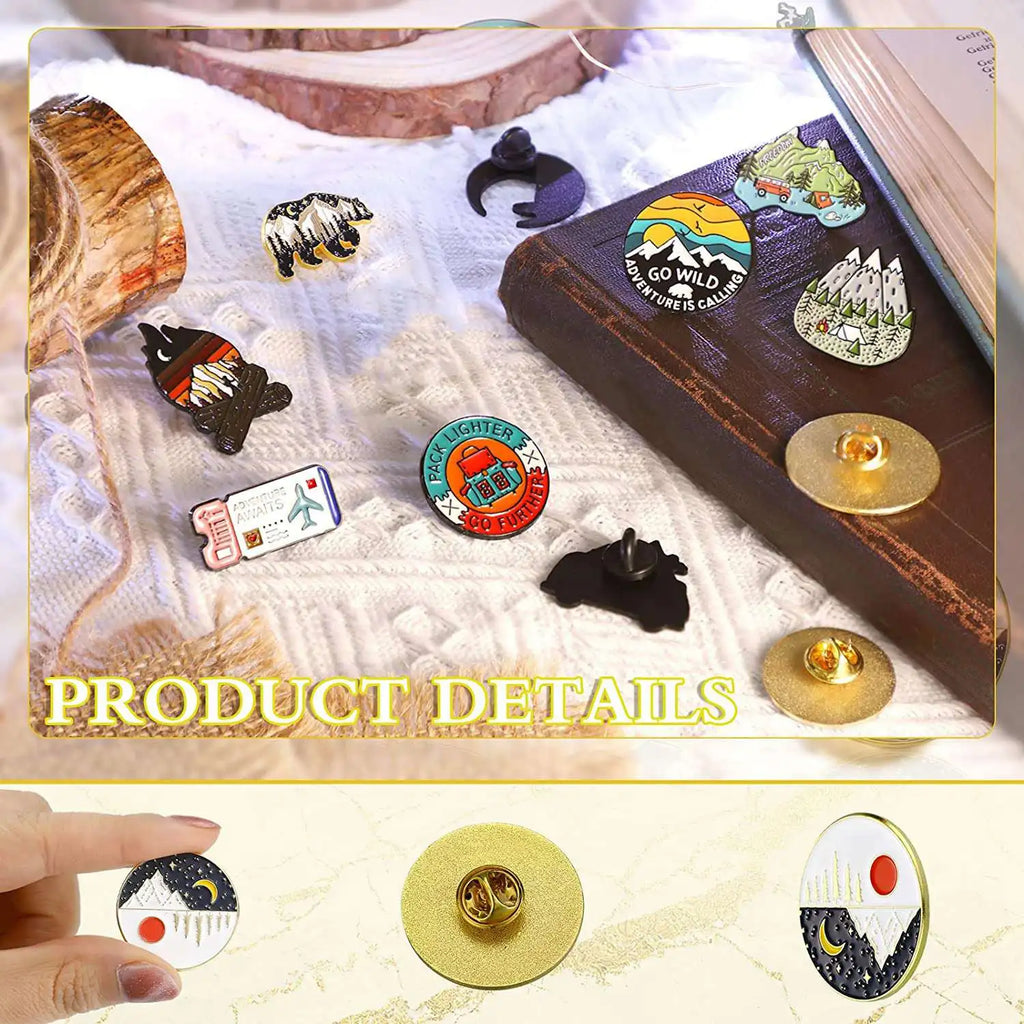 15 Pack Outdoor Enamel Pin Backpack Set Vintage Lapel Camping Pins