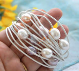 Pink Lavender Rice Pearl Leather Bracelet 8inch
