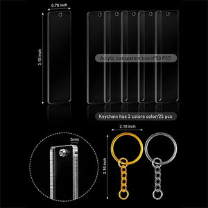 150Pcs Clear Acrylic Keychain Blank w/ Rings, Rectangular Blanks for DIY Crafts