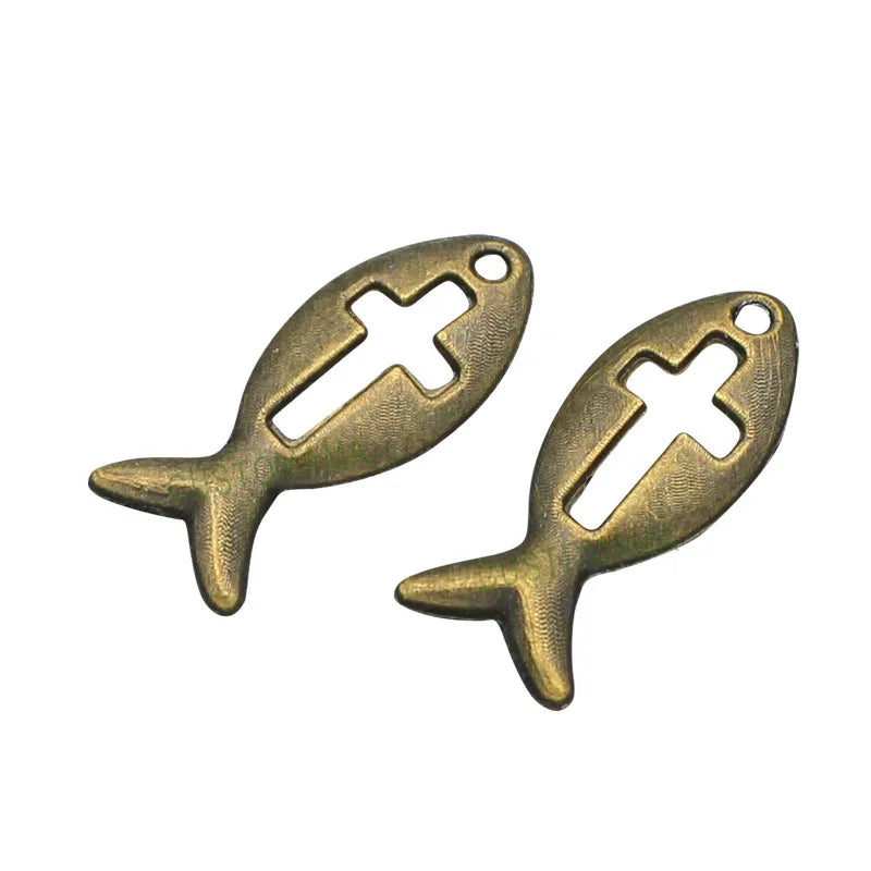 150pcs Bronze Christian Fish Cross Charms Pendants 21x9mm