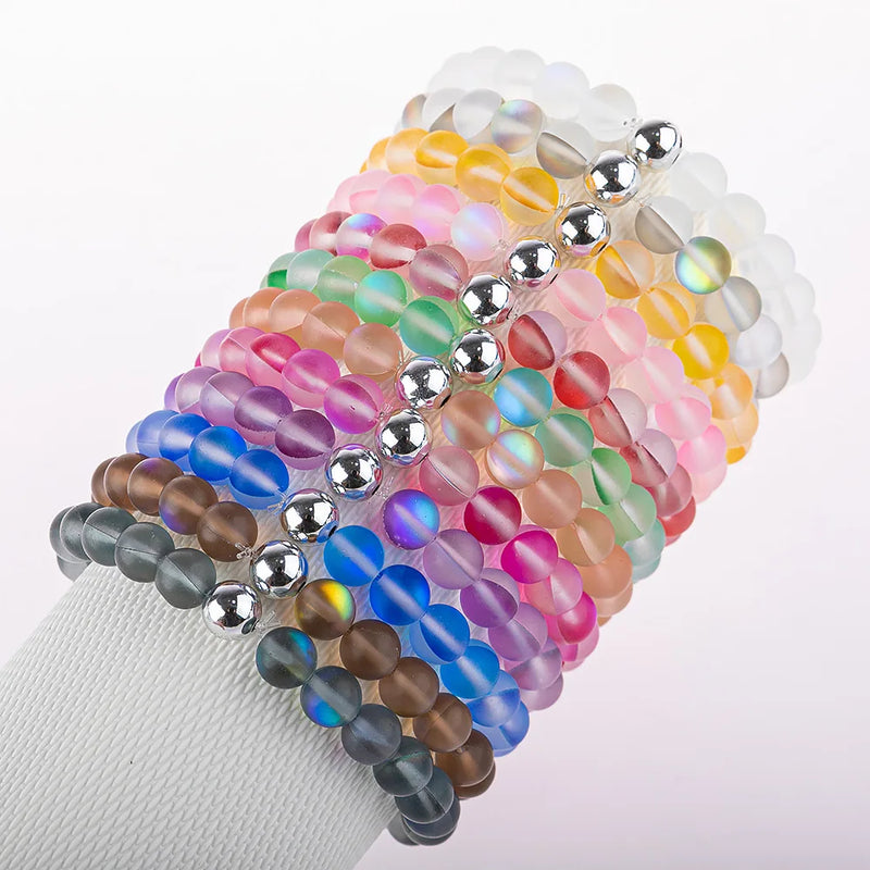 Shining Moonstone Beaded Bracelet Glass Crystal Charm Wristband