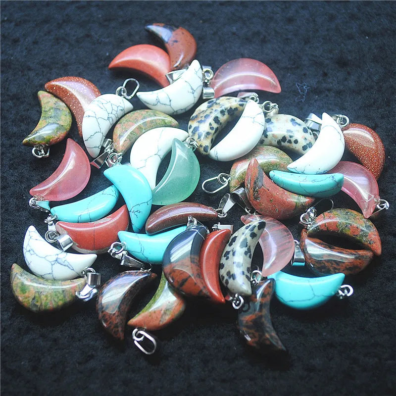 15PCS Moon Shape Gem Stone Pendants Golden Sand Green Aventurine Turquoise Beads