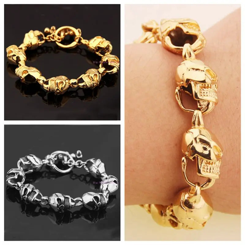 Yellow Gold/Silver Skull Skeleton Head Stainless Steel Bracelet Bangle
